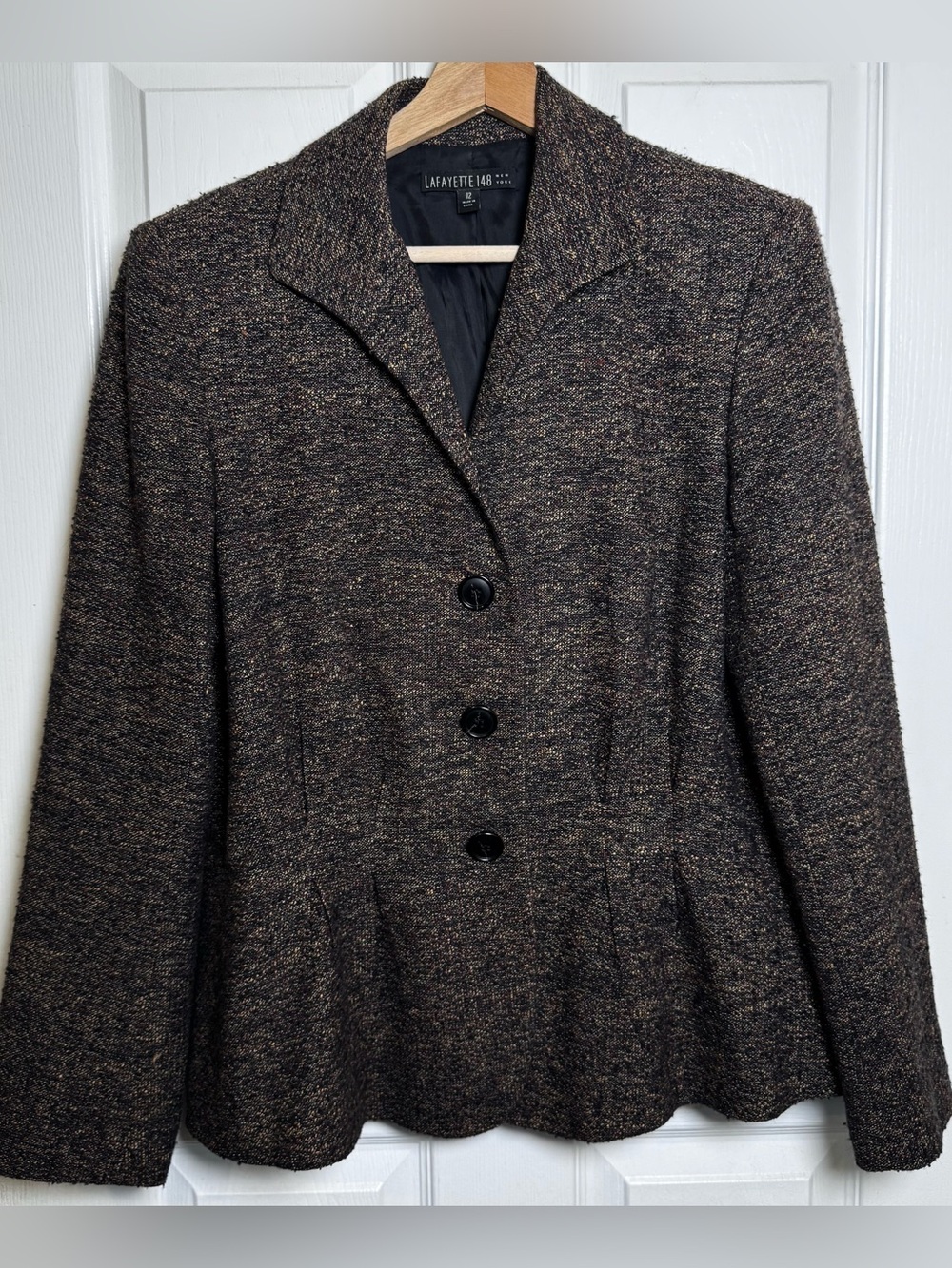 Lafayette 148 Size 12 Brown Black Bouclé Tweed Wool Blend Blazer Jacket Classic